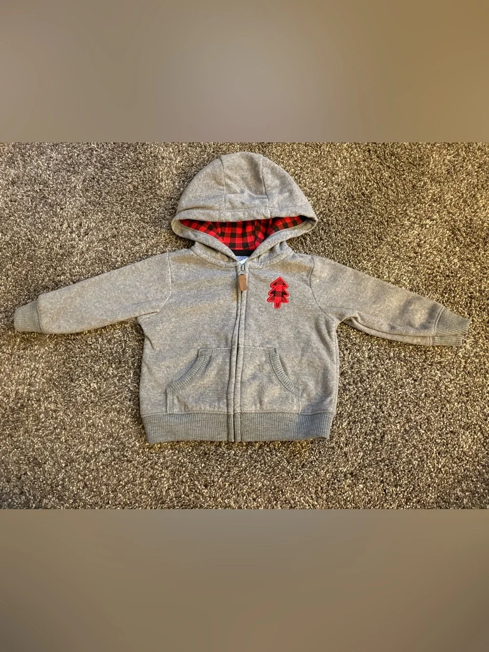 Carter's Gray Zip-up Hoodie with Red Plaid Lining and Tree Patch